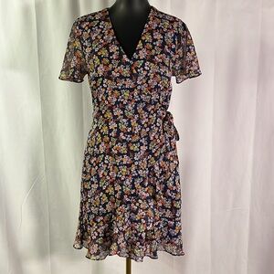 Banana Republic Factory Blue Multicolor Floral Print Flutter Sleeve Wrap Dress